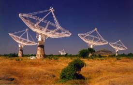 The GMRT radio interferometer in India consists of 30 dish-based antennas, each 45 meters in diameter, spread out over an area of about 25 km wide.
